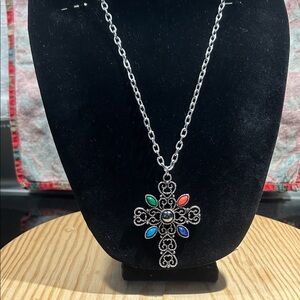 Avon Silver Cross Necklace with Colorful Accents